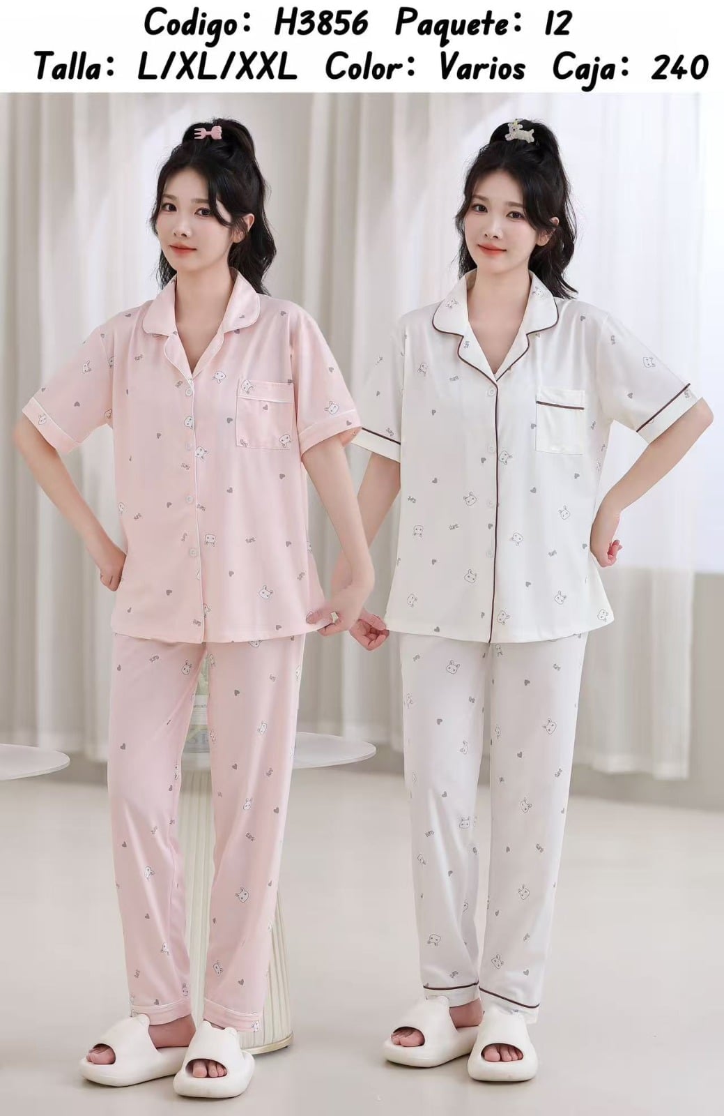 Pijama de dos piezas con botones y estampado-H3856