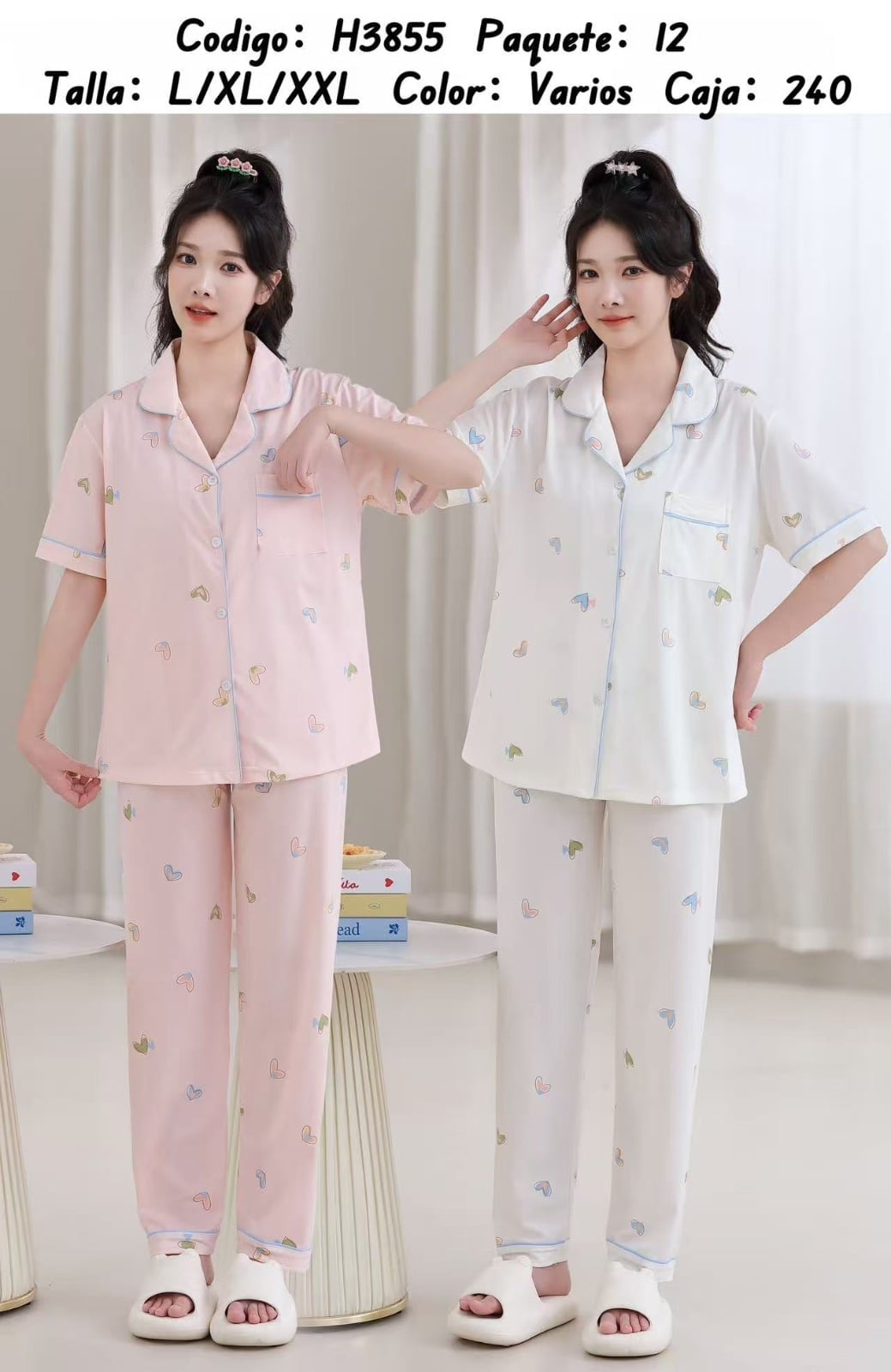 Pijama de botones con estampado de corazones-H3855