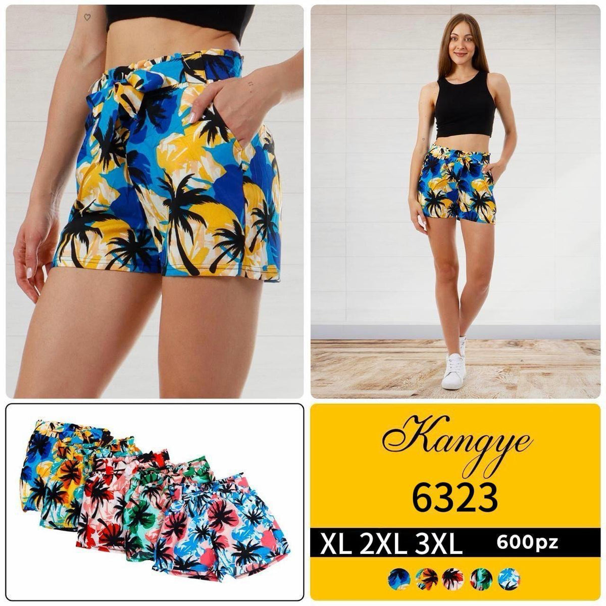 Shorts con estampado de palmeras y lazo-6323
