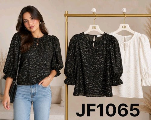 Blusa con detalle de lazo y mangas abullonadas-JF1065