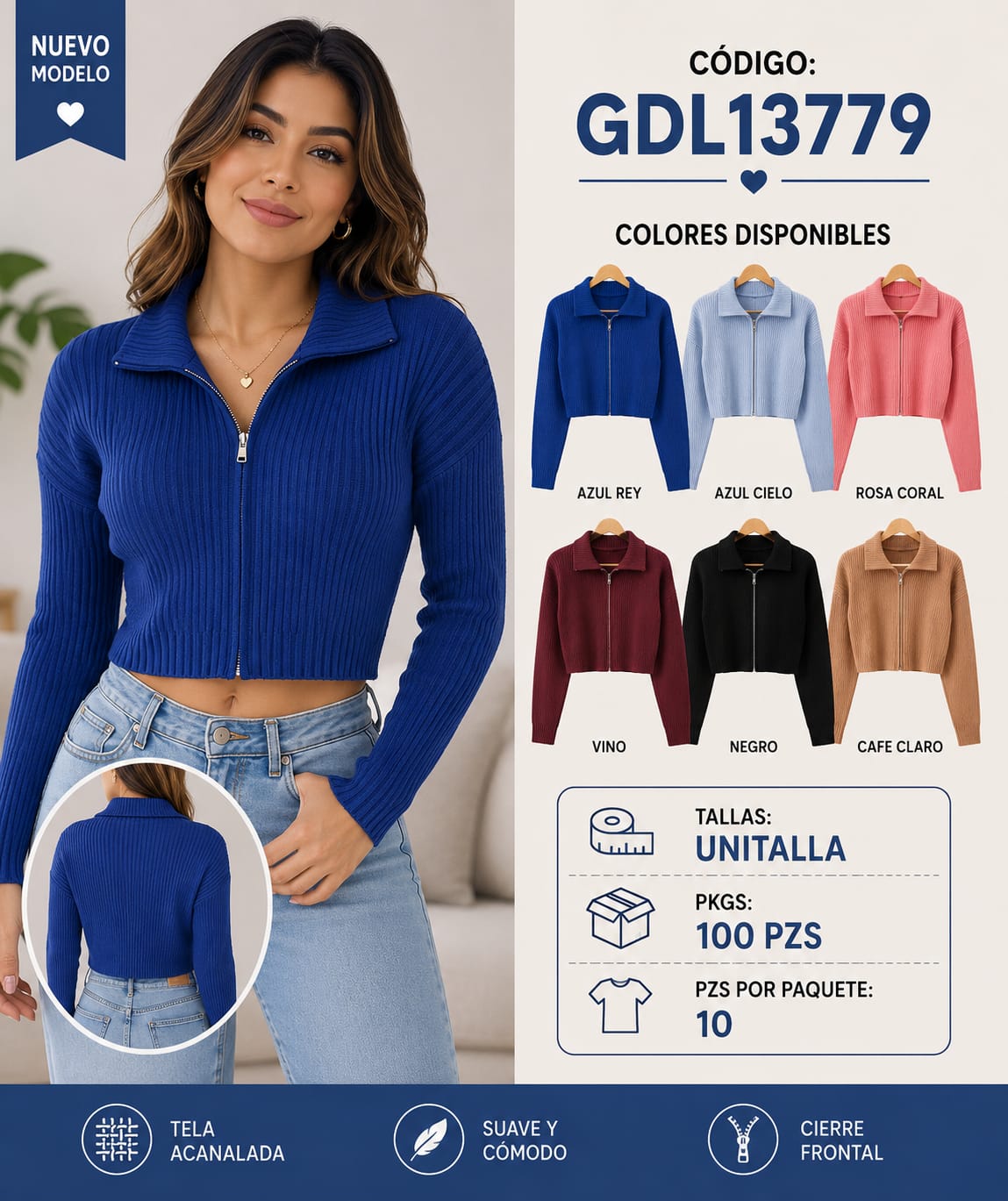 Suéter de cierre frontal acanalado-GDL13779