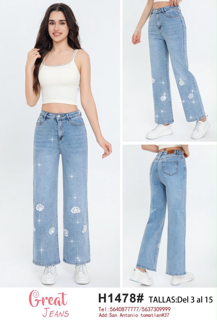 Jeans con detalle de flores-H1478#