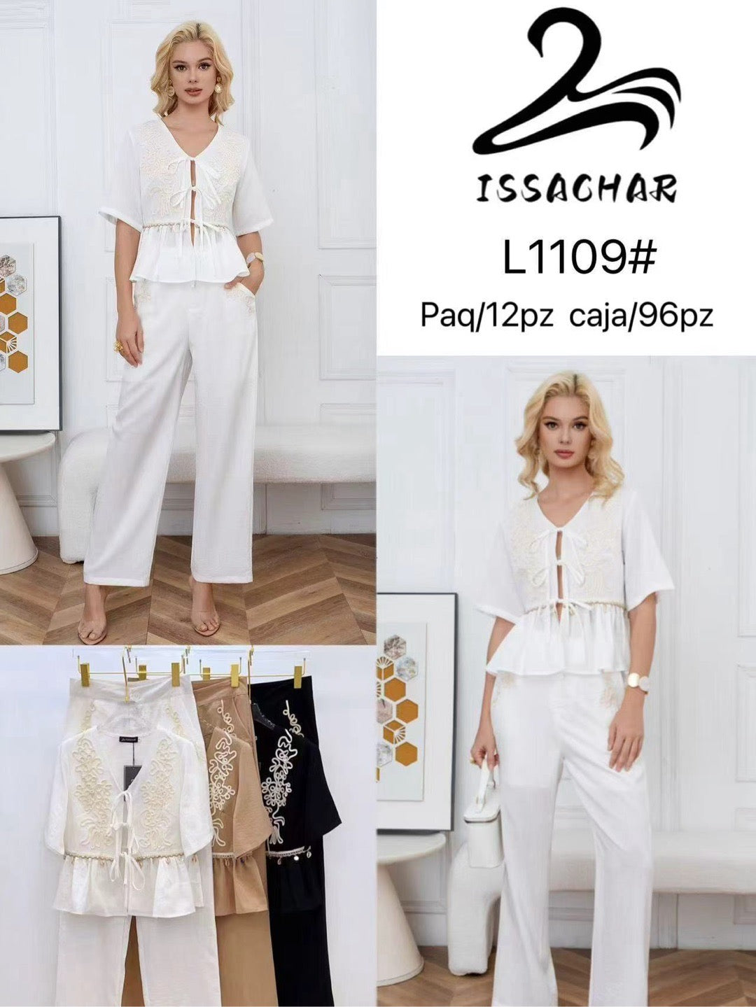 Conjunto de blusa con bordado y pantalón-L1109#
