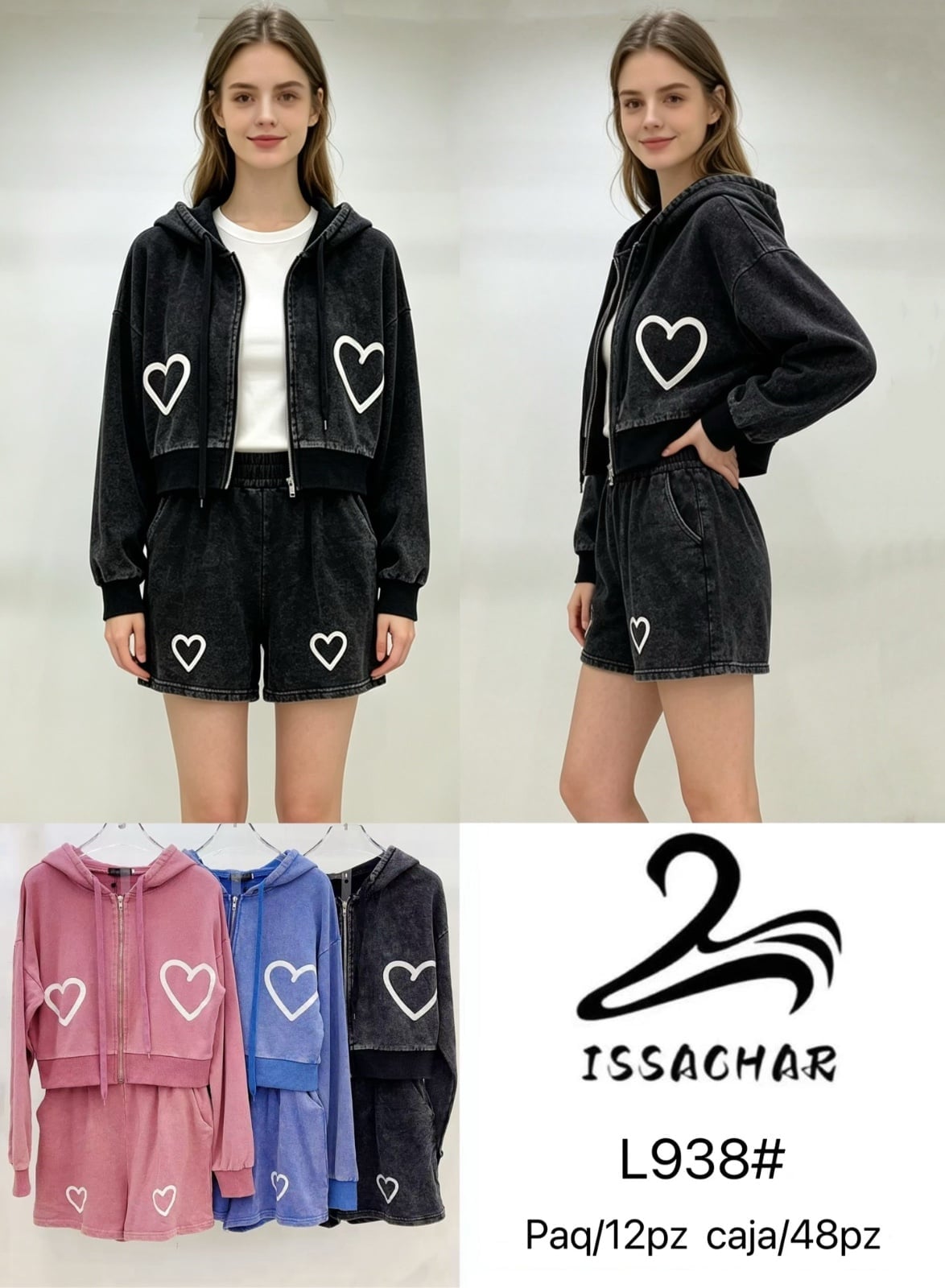 Conjunto de sudadera con capucha y short con diseño de corazones-L938#