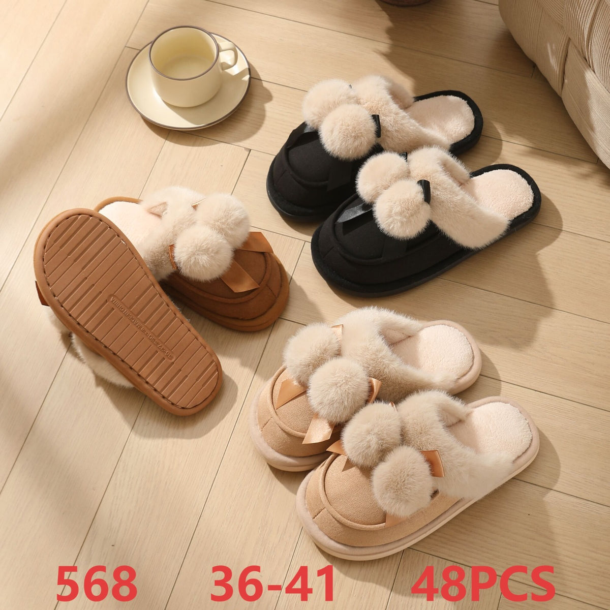 Pantuflas suaves con pompones y moño-568