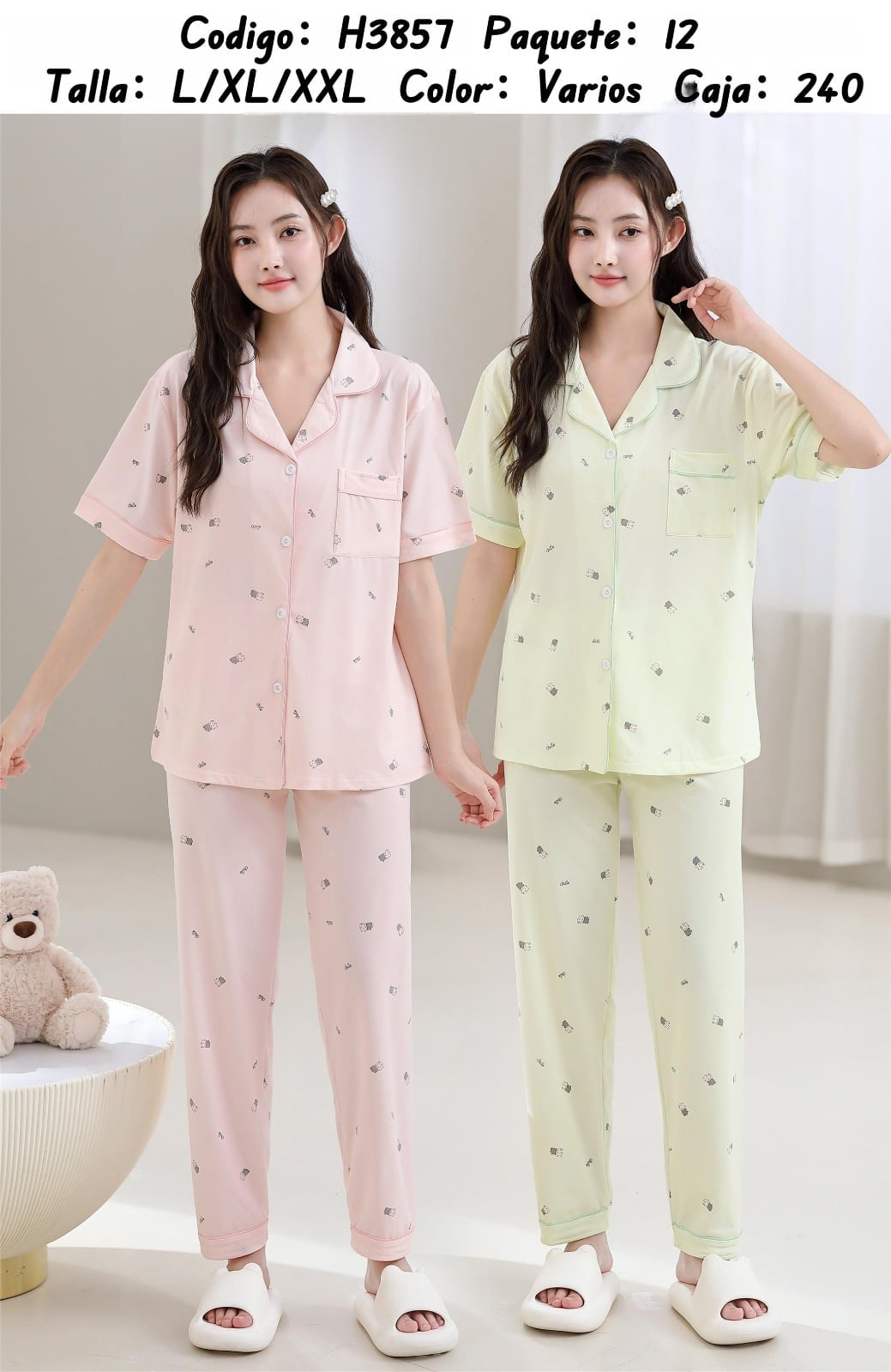 Pijama de botones con estampado-H3857