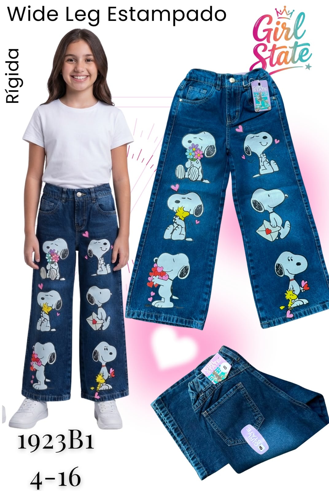 Jeans Wide Leg Estampado Snoopy-1923B1