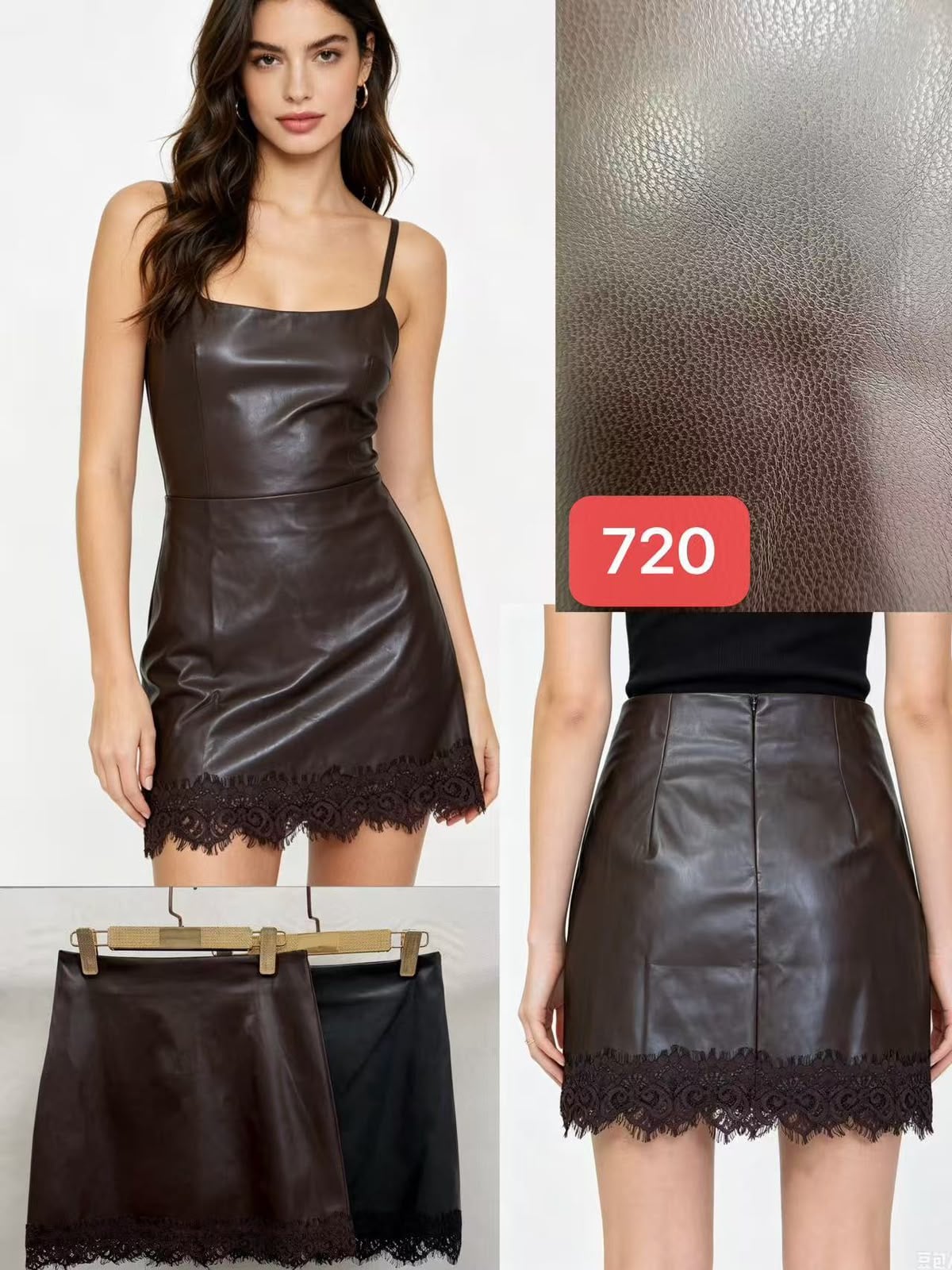 Falda de efecto piel con bajo de encaje-720