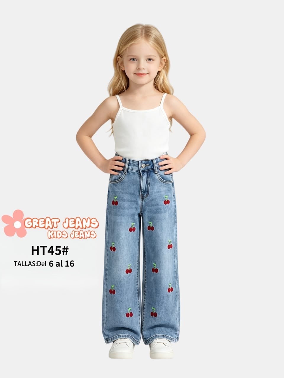 Jeans para niña con bordado de cerezas-HT45#