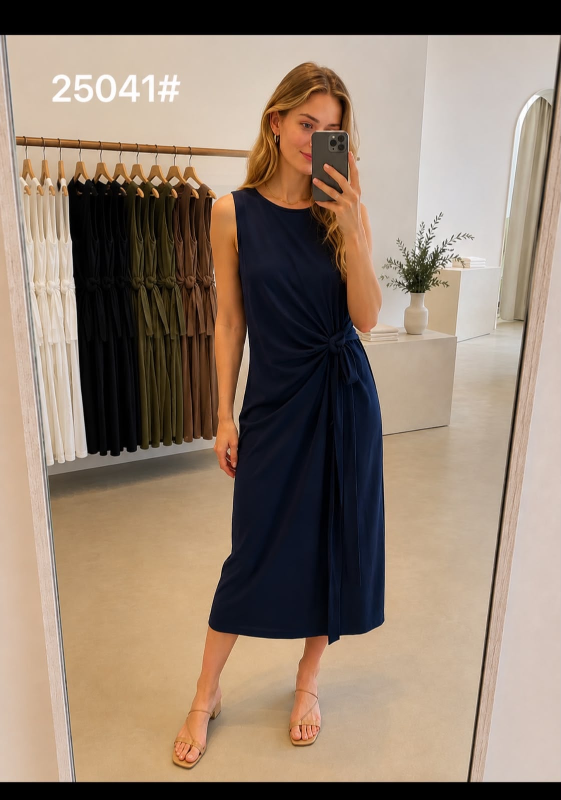 Vestido midi sin mangas con nudo lateral-25041