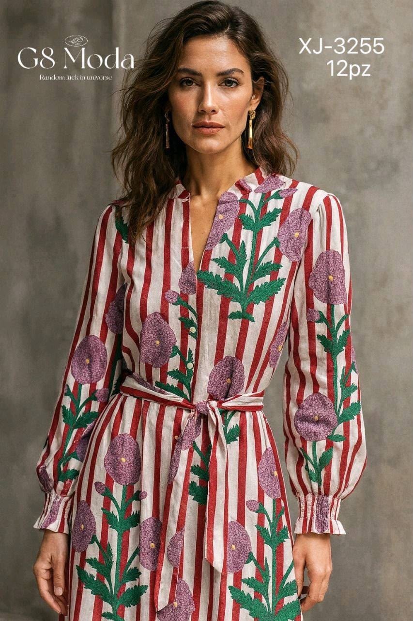 Vestido a rayas con bordado floral-XJ-3255