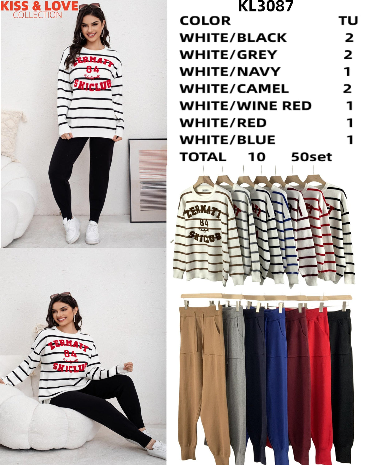 Conjunto de suéter a rayas y pantalón-KL3087