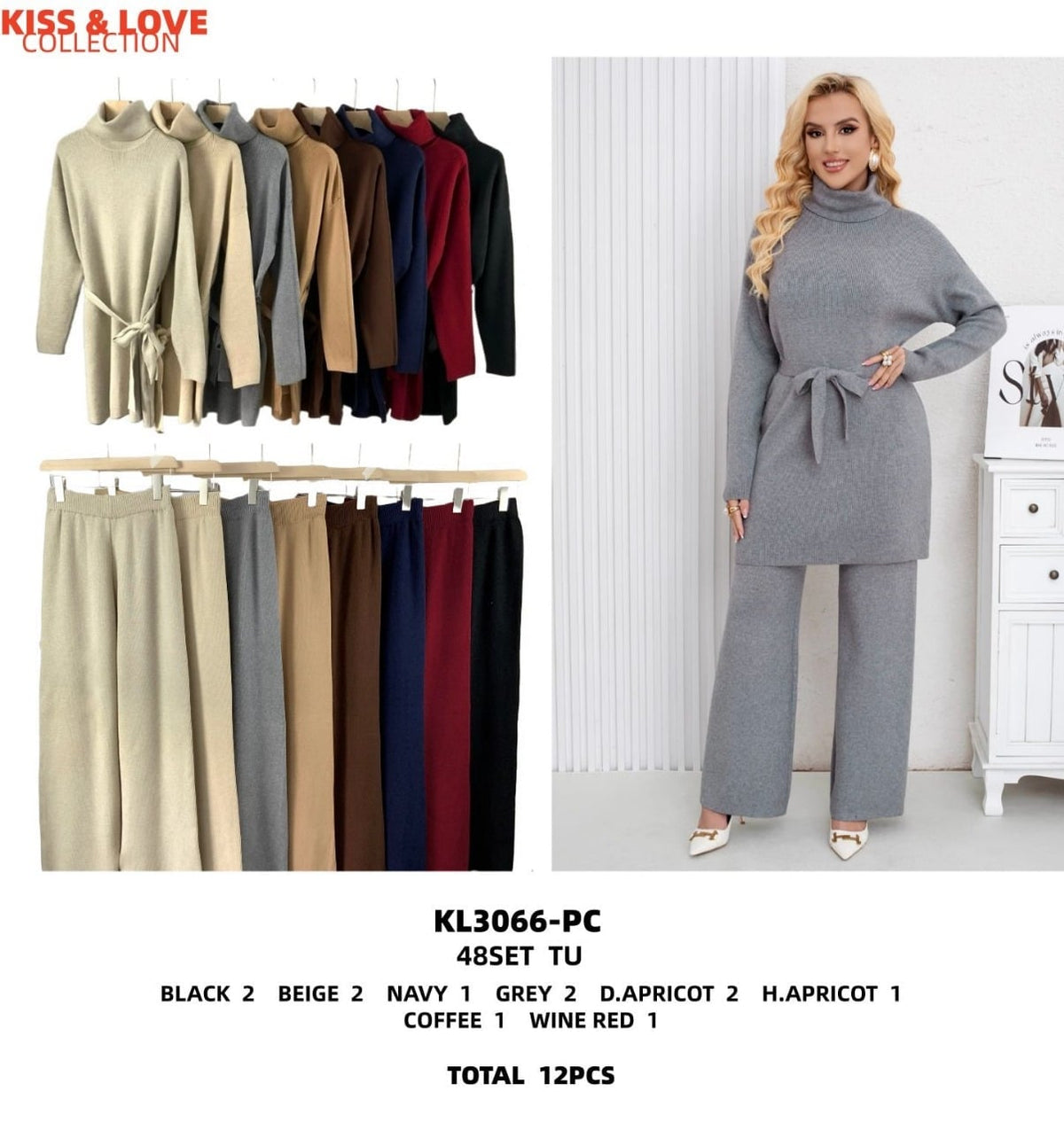 Conjunto de suéter de cuello alto con cinturón y pantalón-KL3066-PC