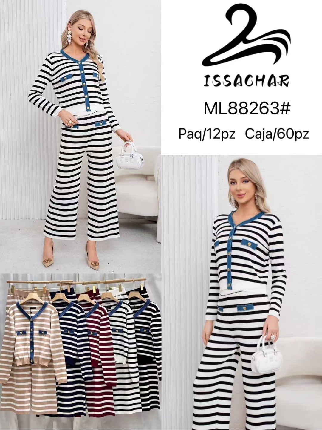 Conjunto de cárdigan y pantalón a rayas-ML88263#