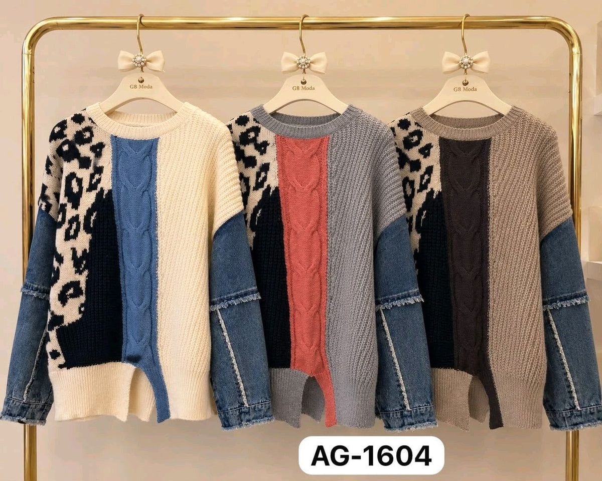 Suéter de punto con diseño combinado y mangas de mezclilla-SUE-AG-1604