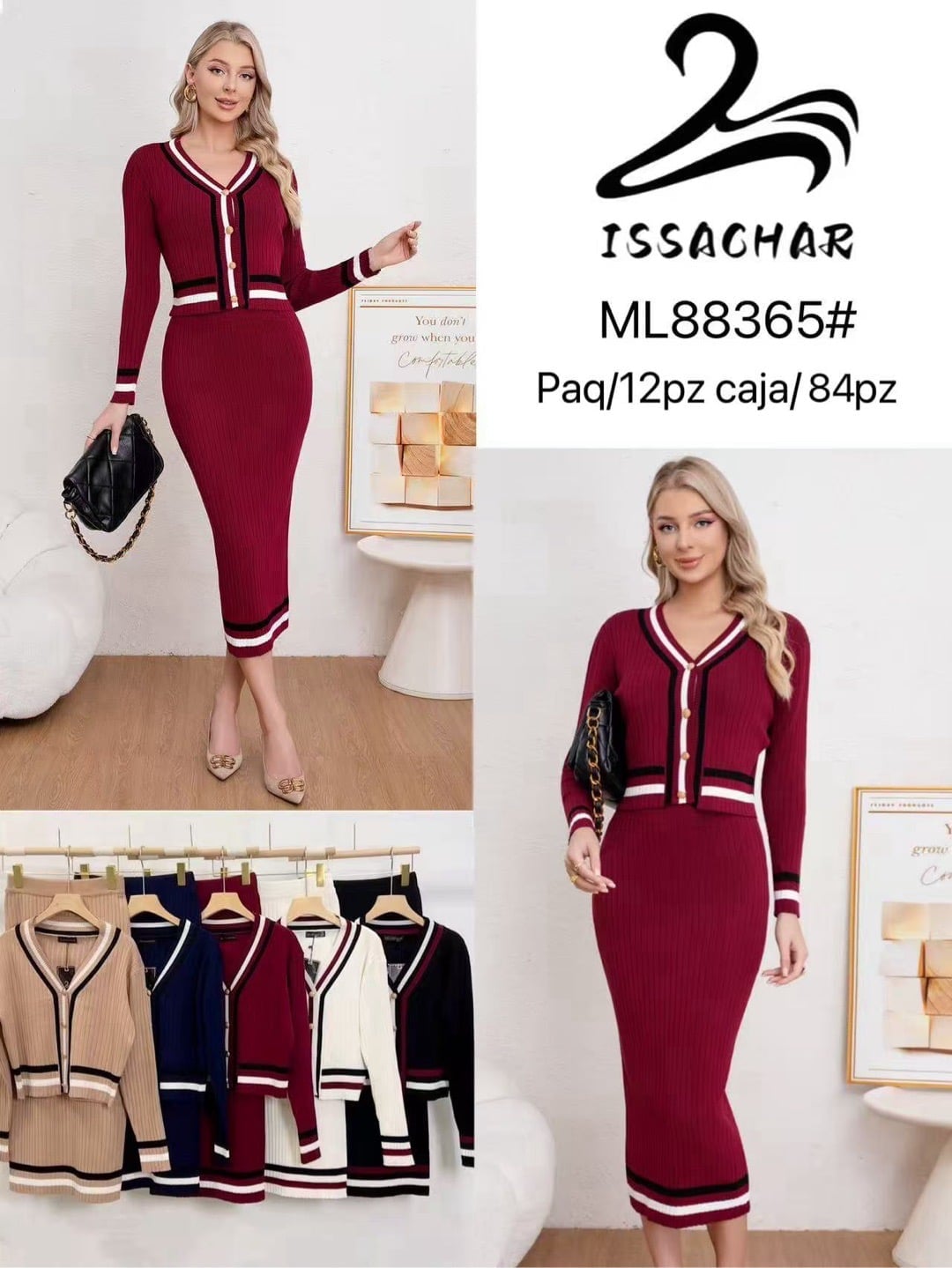 Conjunto de cárdigan y falda tejido-ML88365#
