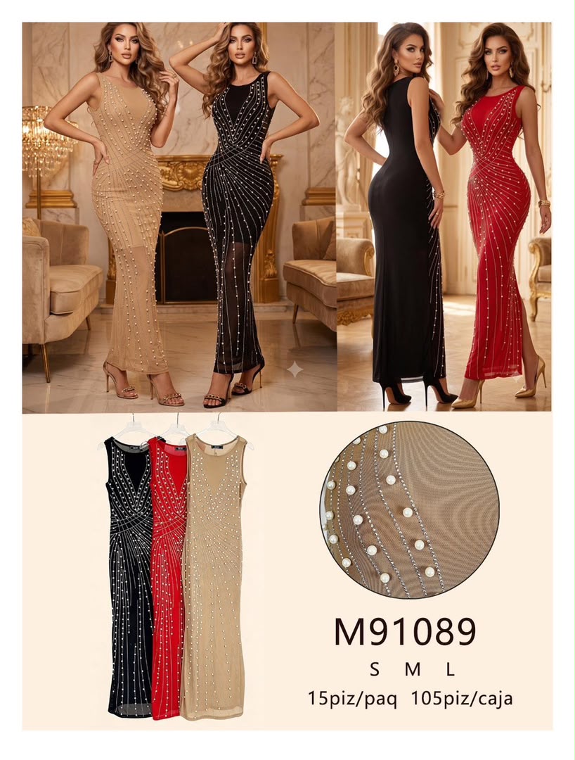 Vestido largo con perlas-M91089
