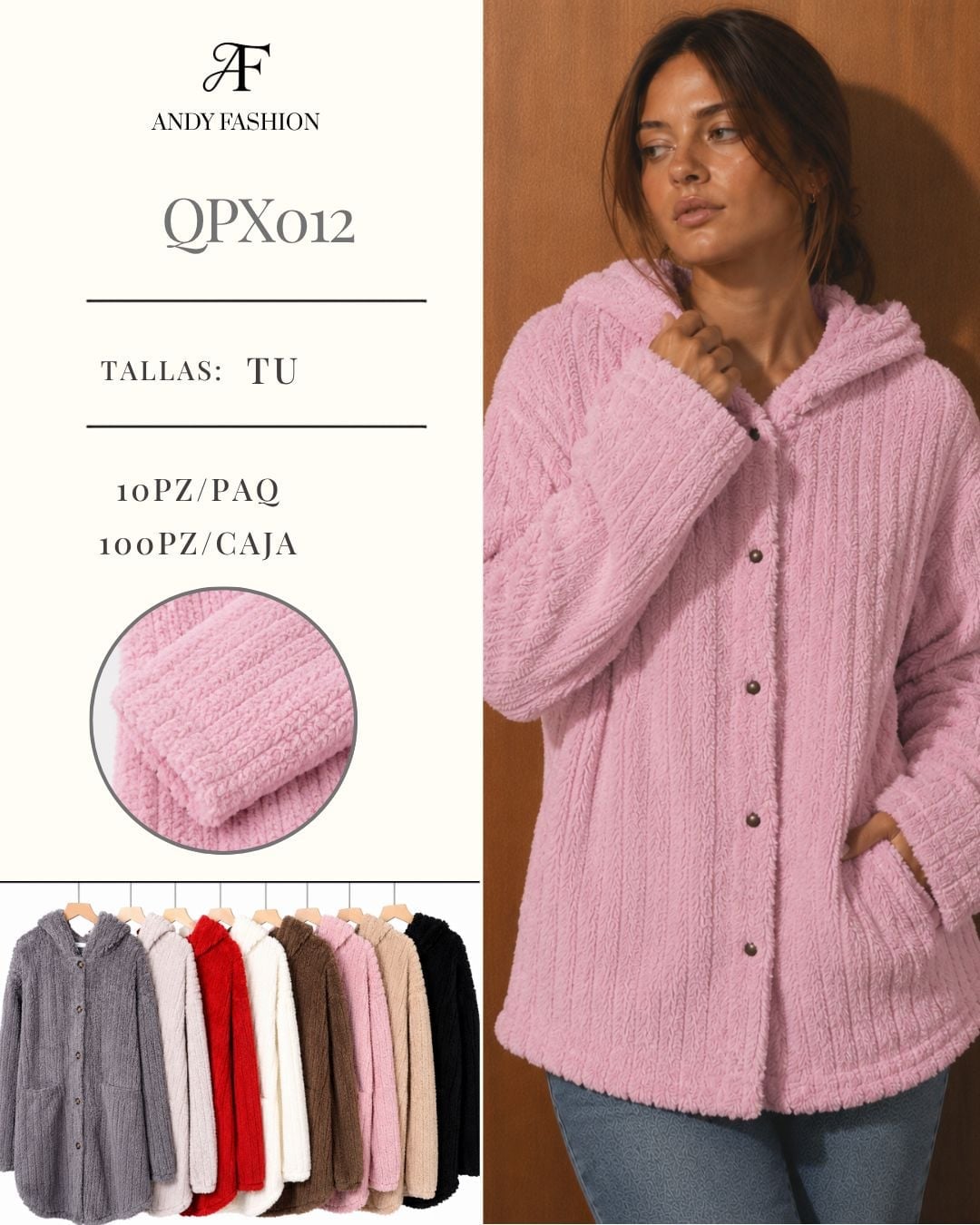 Sudadera de peluche con botones y capucha-QPX012