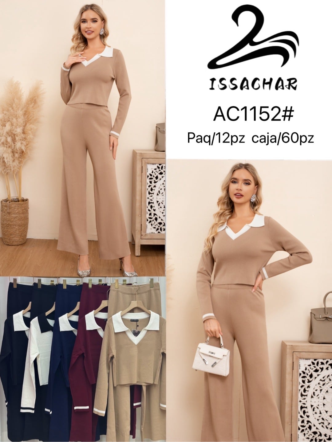 Conjunto de suéter con cuello y pantalón-AC1152#