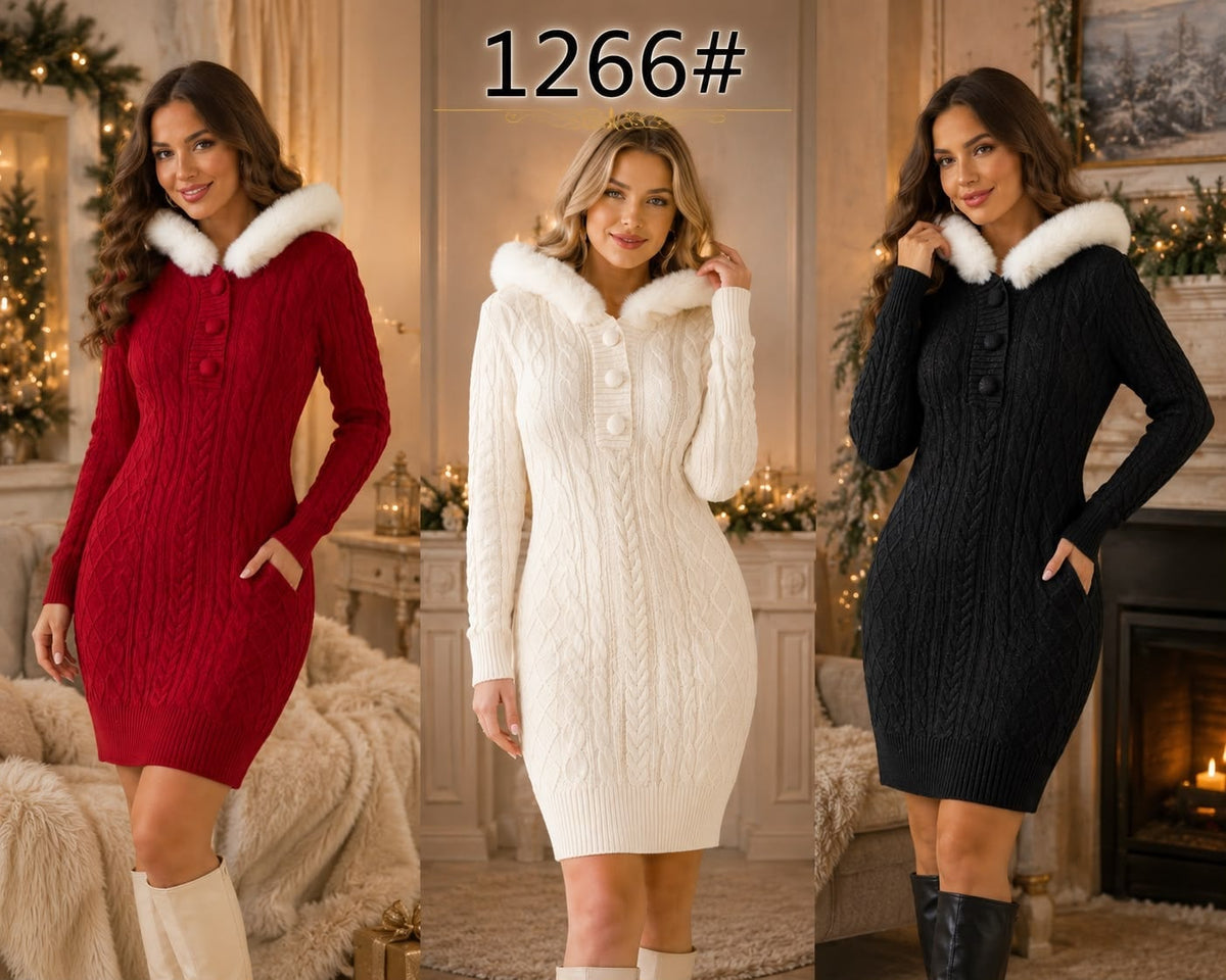 Vestido tipo suéter con capucha y peluche-1266