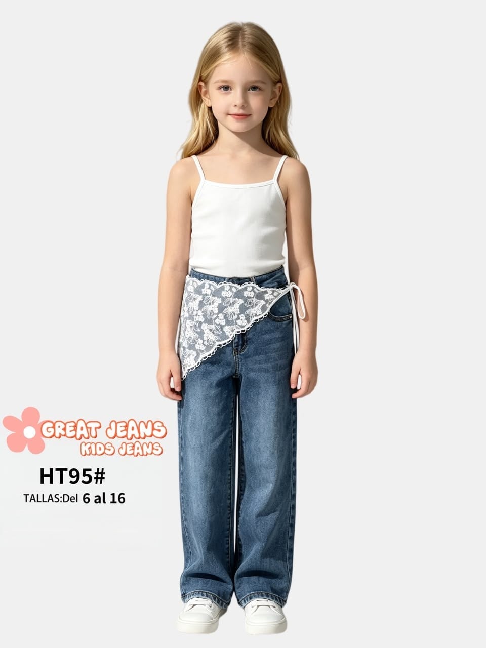 Jeans con detalle de encaje-HT95#