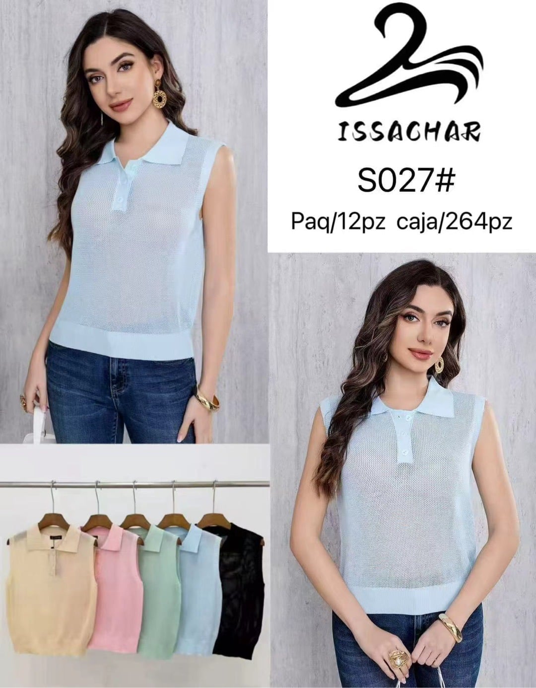 Blusa tipo polo sin mangas-S027#