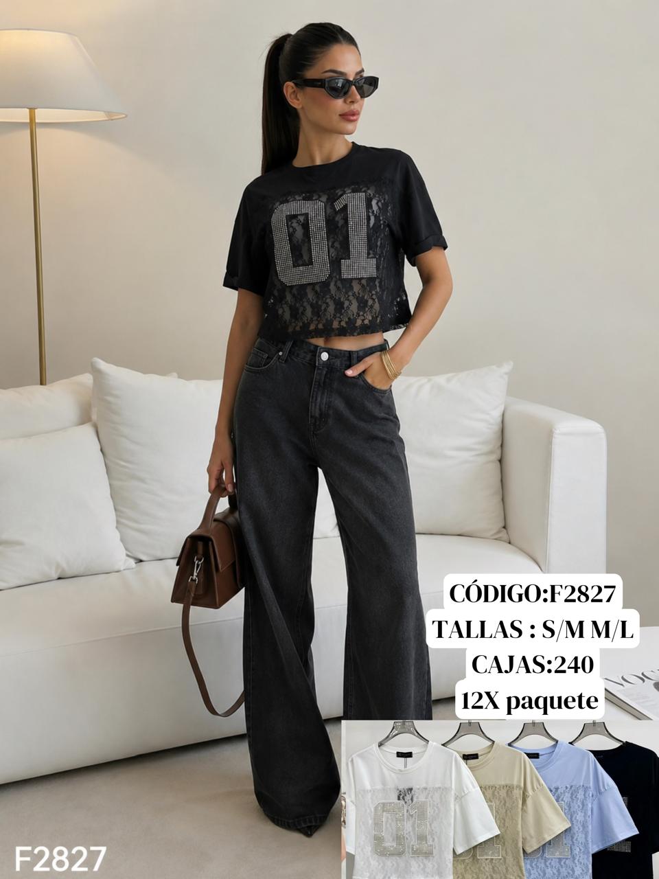 Playera crop top con encaje y diseño frontal-F2827