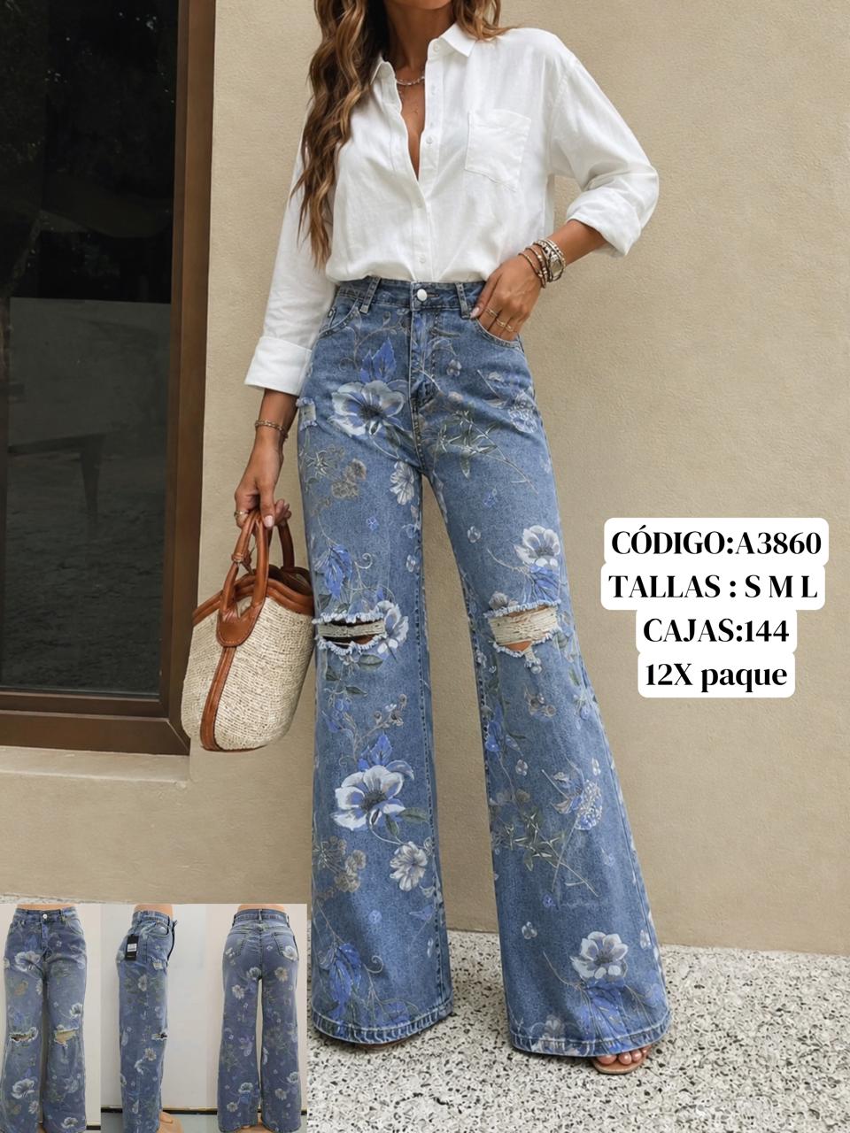 Jeans corte recto con estampado floral-A3860