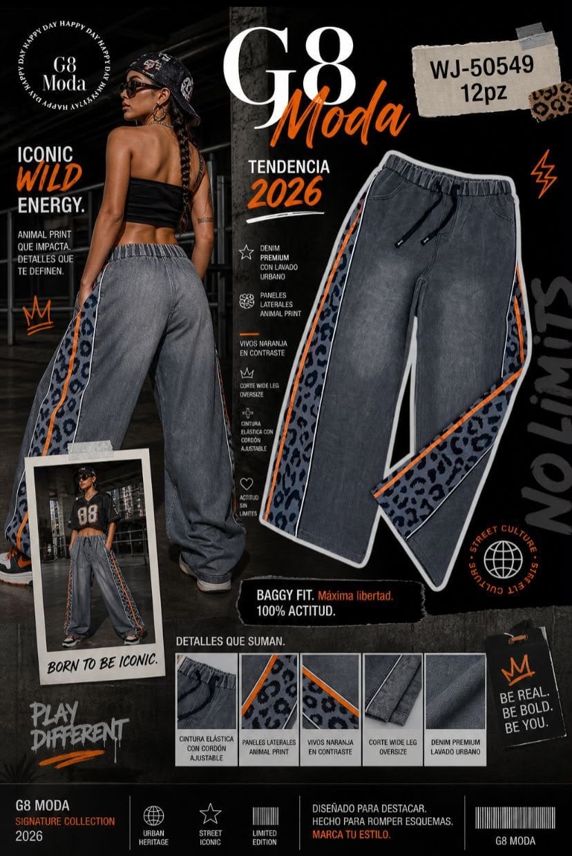 Pantalones de mezclilla wide leg con estampado animal print-WJ-50549