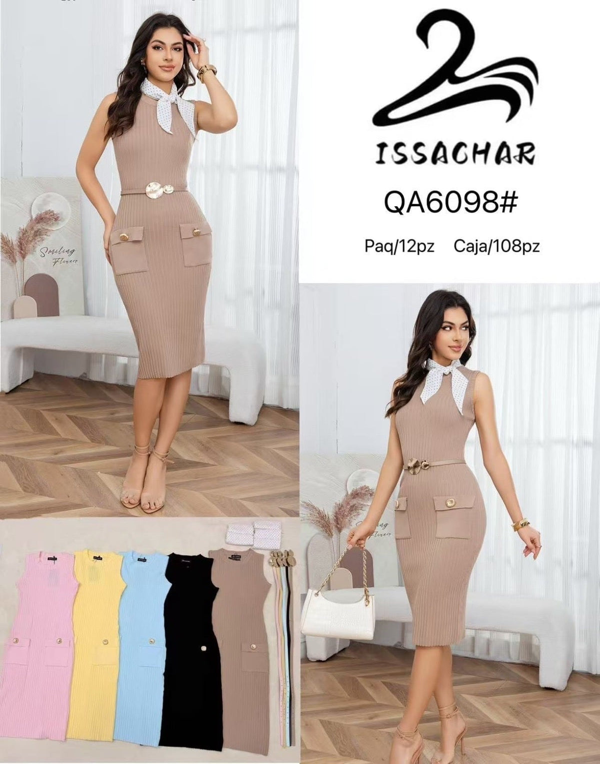 Vestido con bolsillos y cinturón-QA6098#