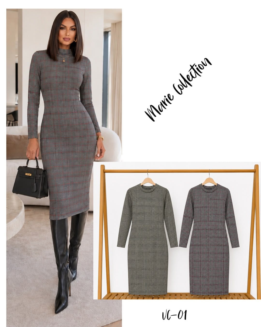 Vestido midi con estampado de cuadros-VC-01