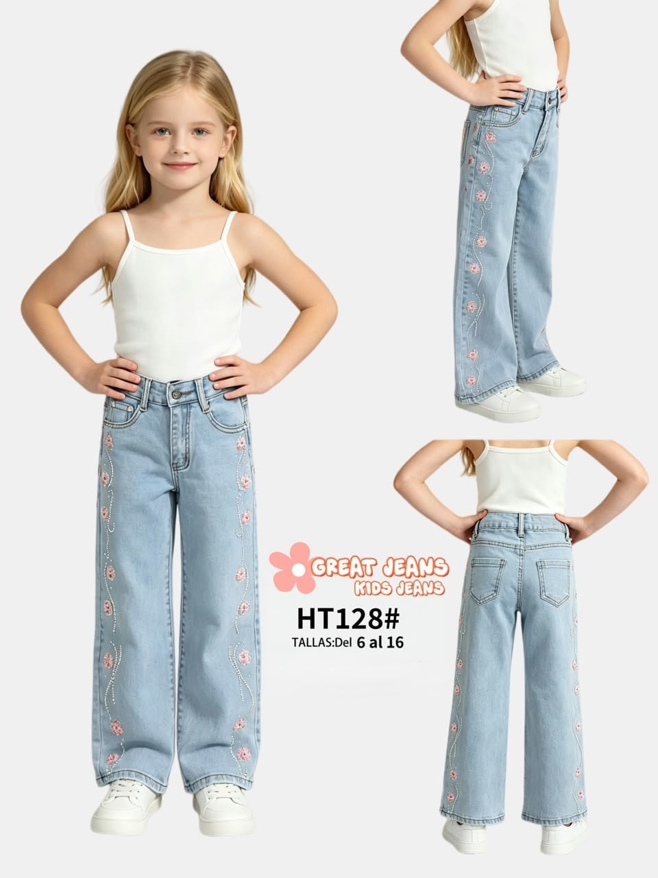 Jeans con bordado de flores para niña-HT128#