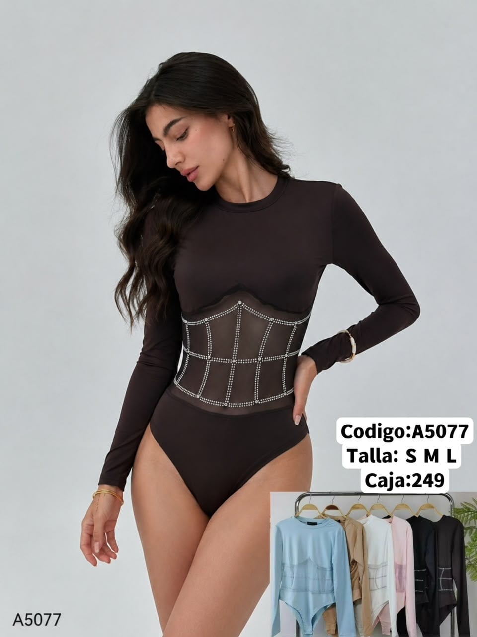 Body de manga larga con transparencia y pedrería-A5077