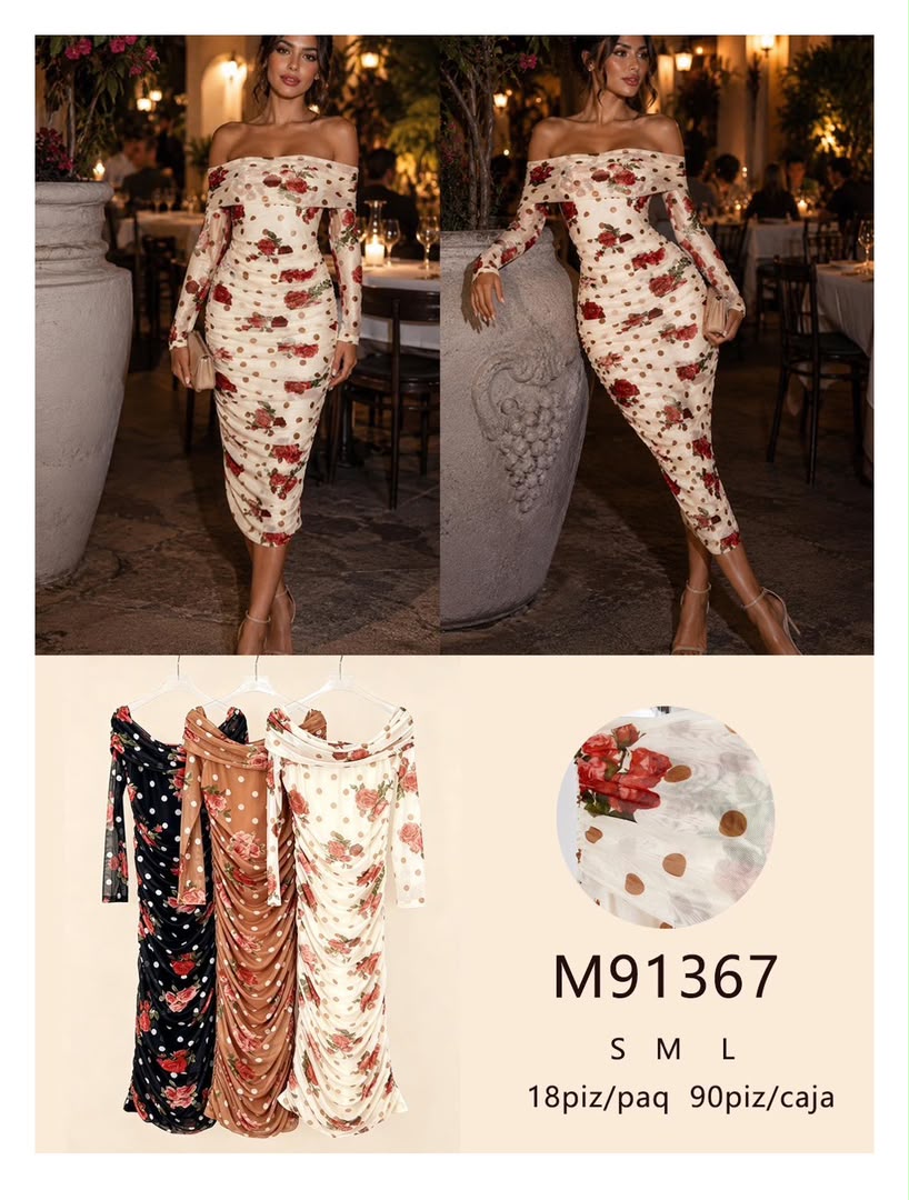 Vestido ajustado con estampado floral y puntos-M91367
