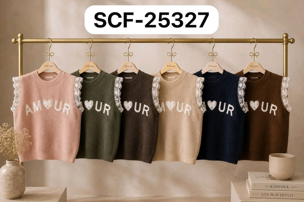 Chaleco de punto con encaje y letras-SUE-SCF-25327