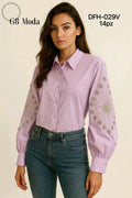 Camisa con bordado en mangas-BLU-DFH-029V