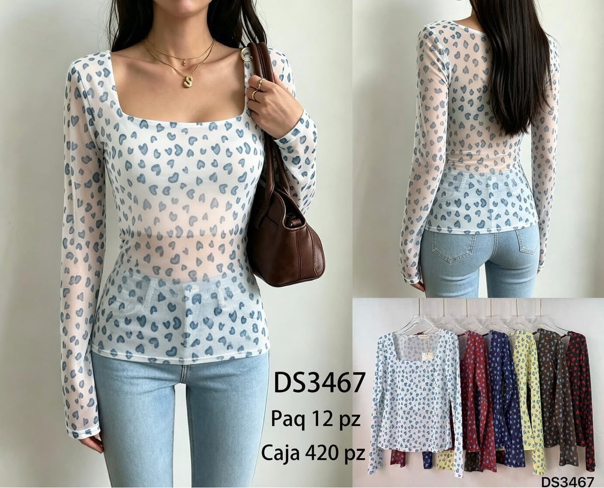 Blusa de manga larga con estampado de corazones-DS3467