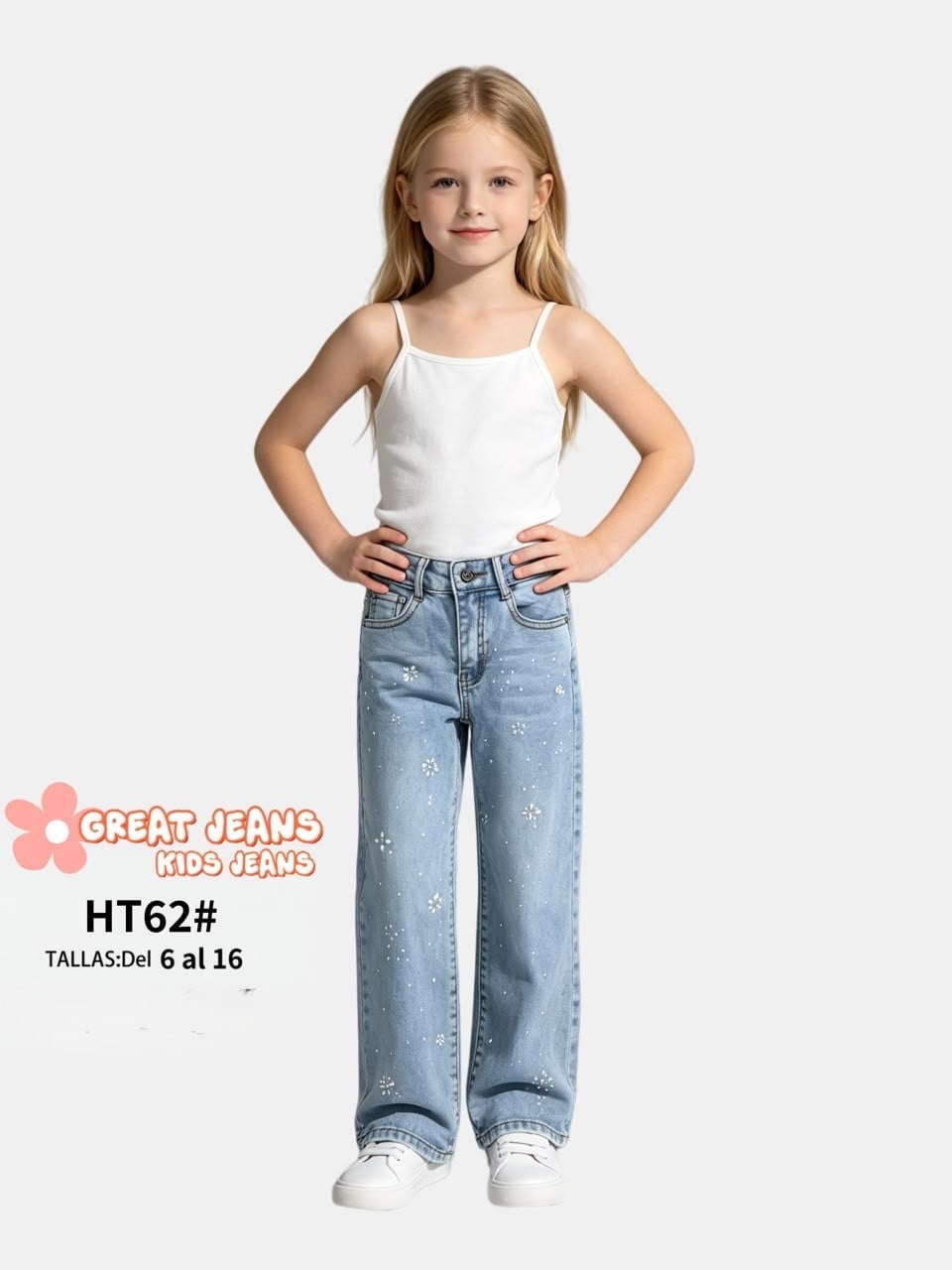 Jeans con estampado de flores-HT62#