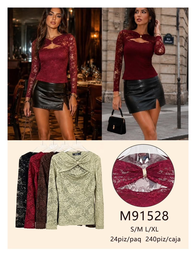 Blusa de encaje con abertura frontal-M91528