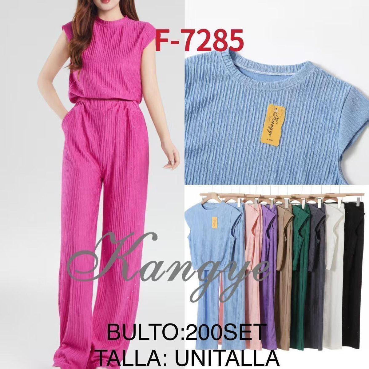 Conjunto de top y pantalón plisado-F-7285