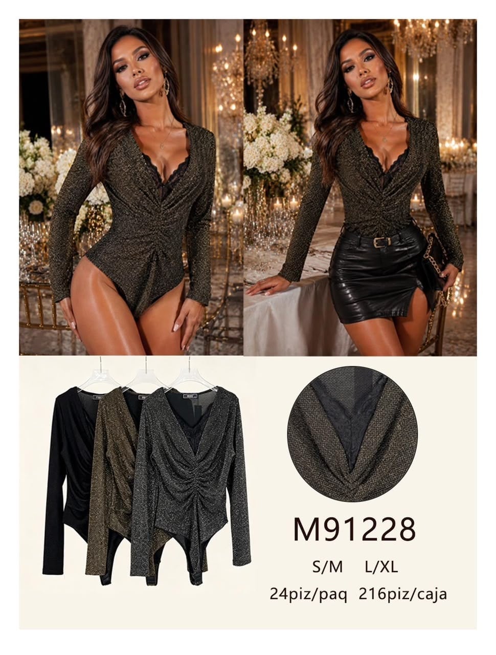 Body con fruncido y detalle de encaje-M91228