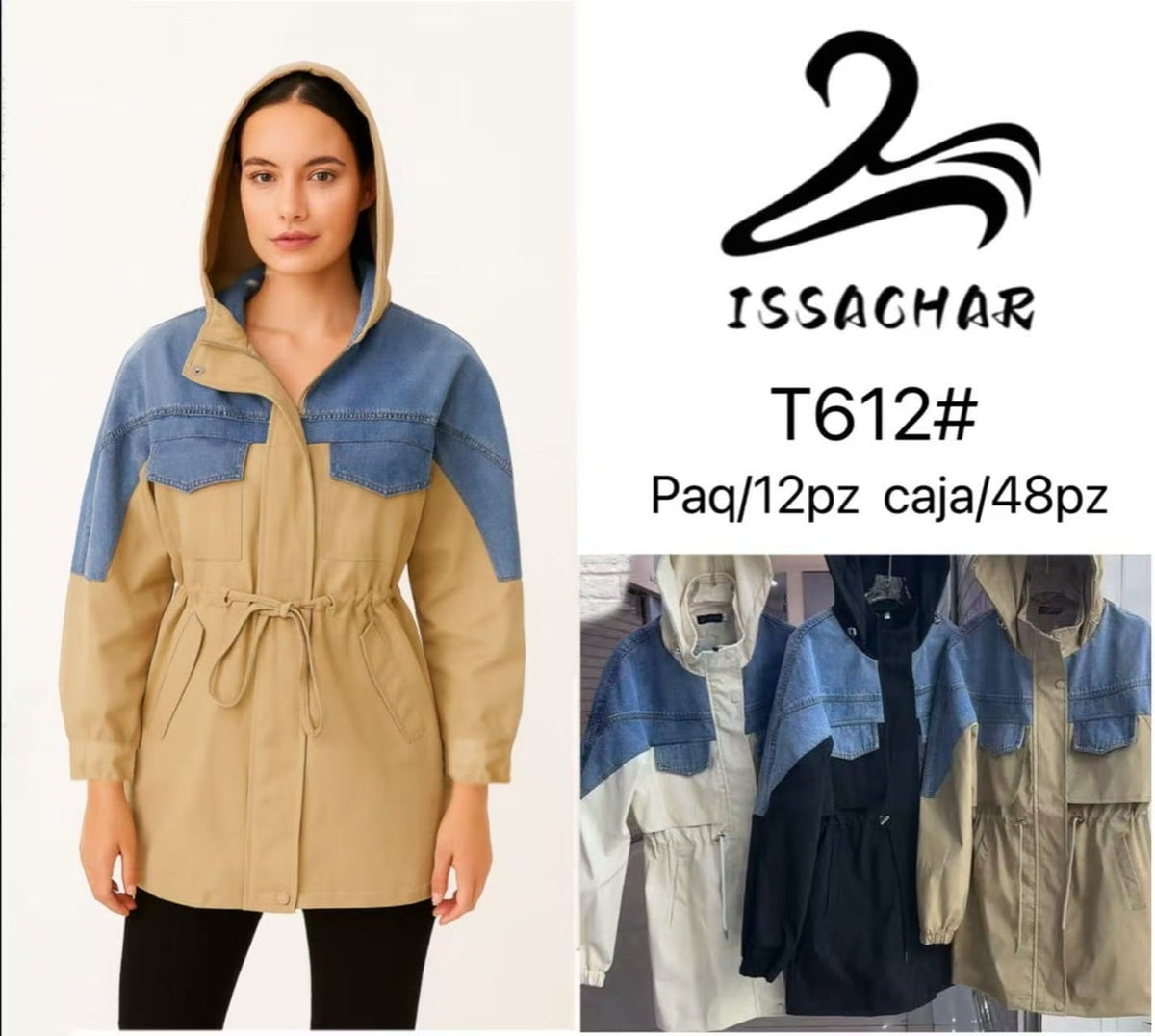 Chamarra con capucha y detalles de mezclilla-T612#