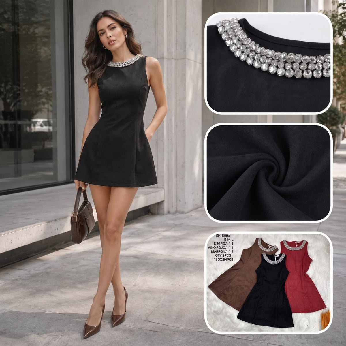 Vestido corto con pedrería en cuello-SH-B09#