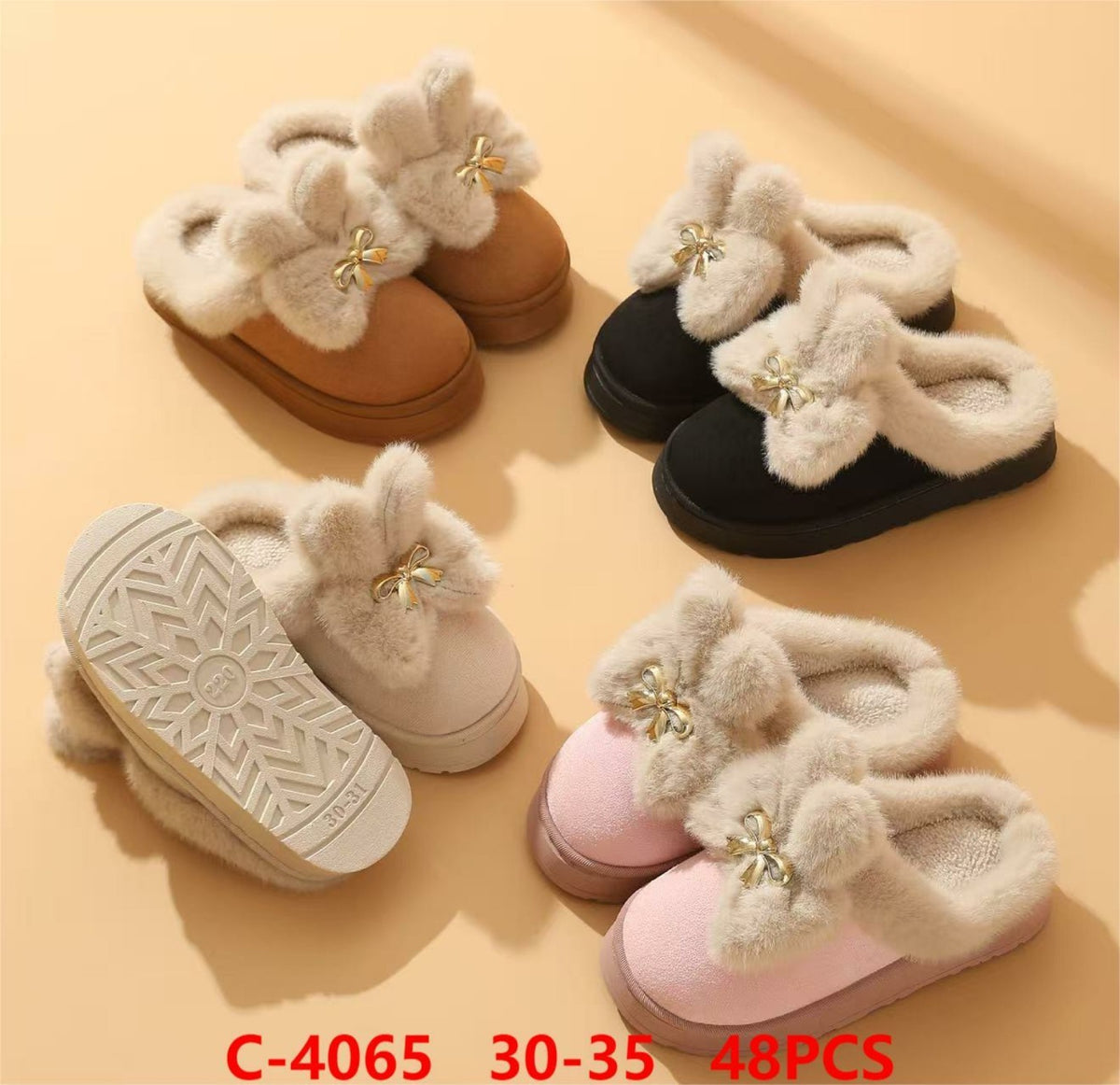 Pantuflas de peluche con diseño de moño y orejas-C-4065