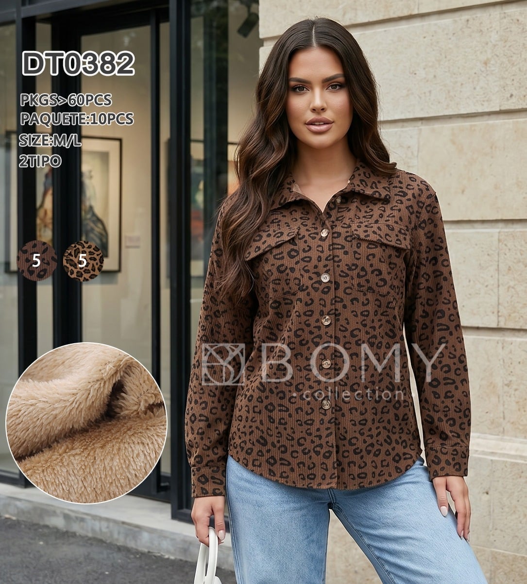 Camisa de pana con estampado de leopardo y forro polar-DT0382