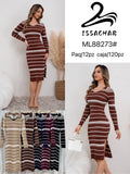 Vestido de punto a rayas con cuello-ML88273#