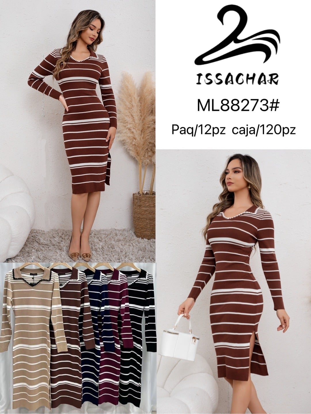 Vestido de punto a rayas con cuello-ML88273#