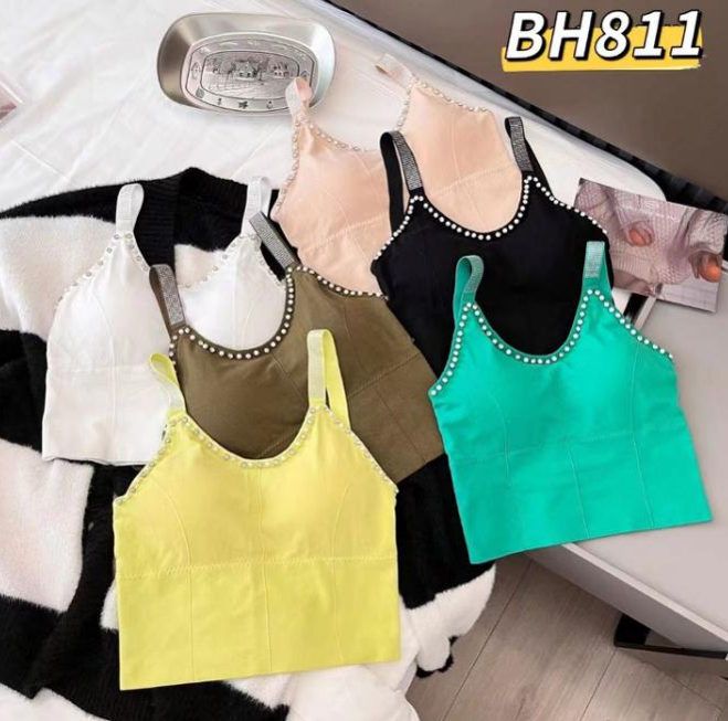 Crop top con tirantes brillantes y perlas-BH811