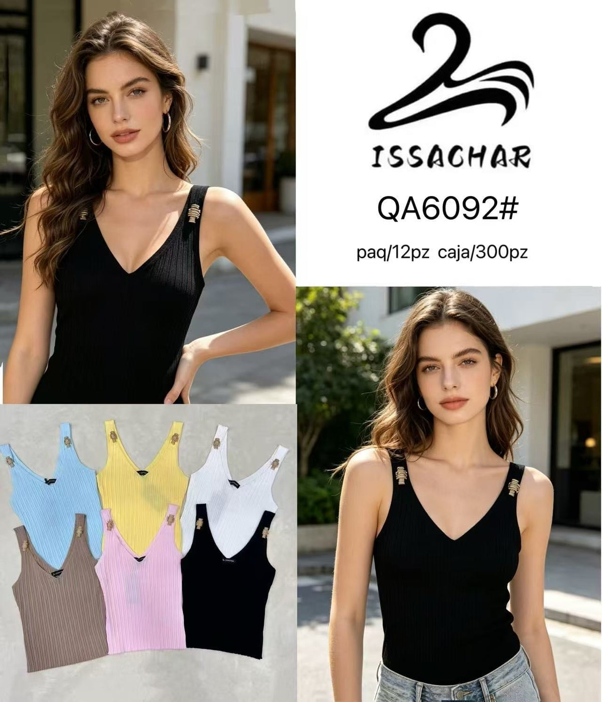 Blusa acanalada con detalles en hombros-QA6092#
