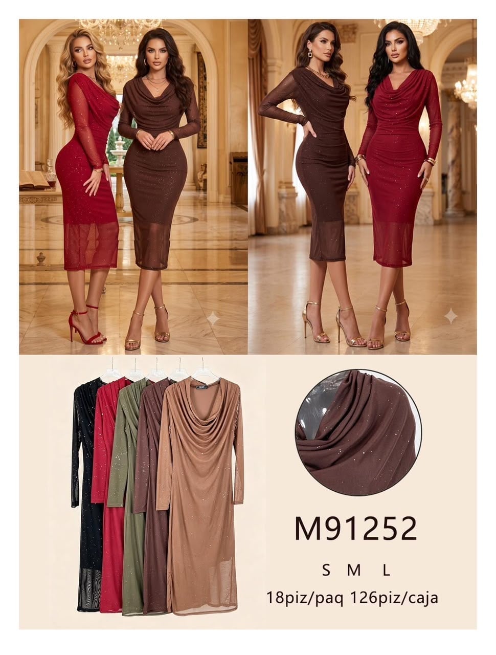Vestido entallado con cuello drapeado y manga larga-M91252